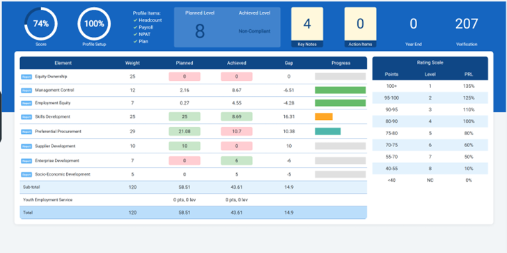 B-BBEE scorecard dashboard