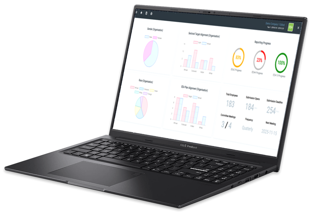 Laptop showing the BEE management software dashboard with scorecard charts and targets