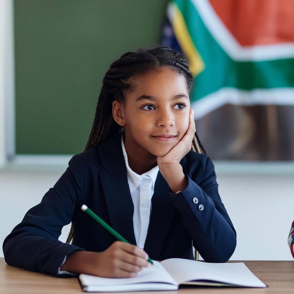 Young learner in school uniform writing in her exercise book, with the South African flag behind her